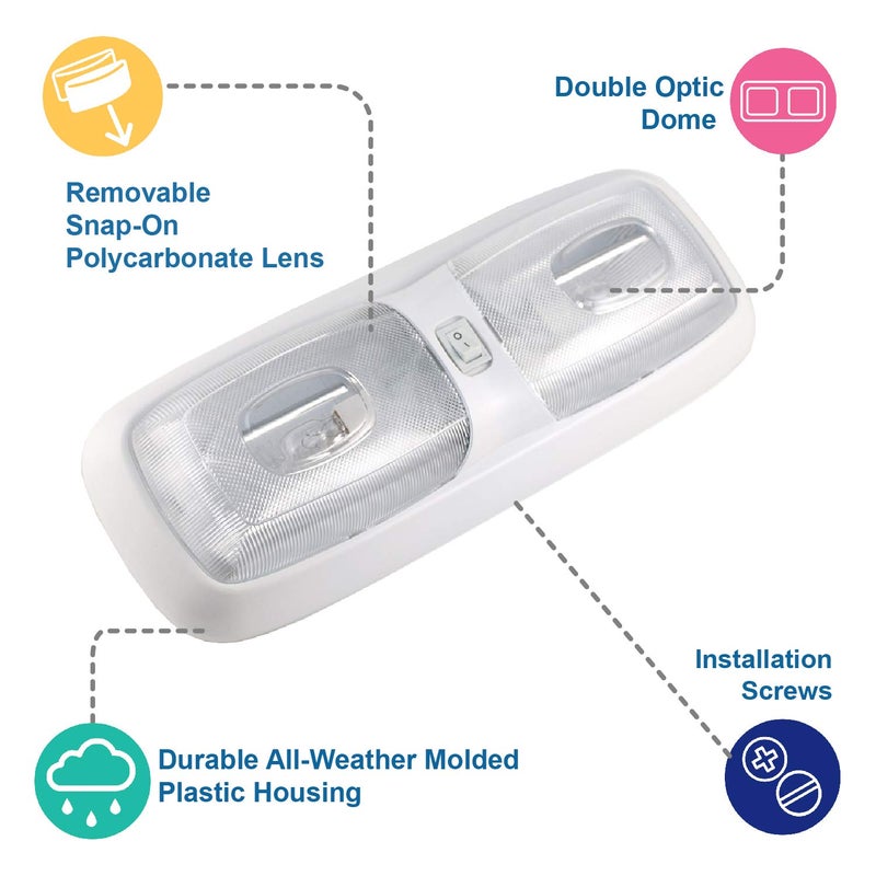 Lumitronics RV Euro Style 12V Interior Double Dome Light - Trailer Camper Interior Lighting - On/Off Switch - Image 4